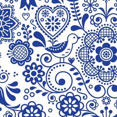 a blue and white wallpaper with flowers, birds and hearts on the back ground