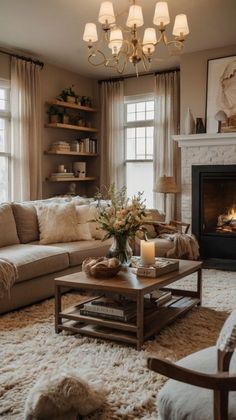 a living room filled with furniture and a fire place in front of a window on top of a rug