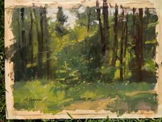 an oil painting of trees and grass in the woods on a piece of wood that has been split open