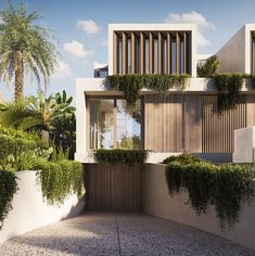 an architectural rendering of a modern house with plants growing on the walls and balconies