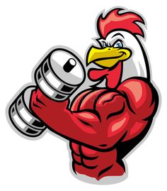 a rooster is holding a barbell in his arm and lifting it with both hands