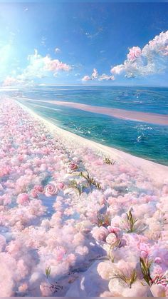 the beach is covered in pink flowers and blue skies with white clouds above it, as if from an artist's painting