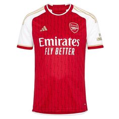 a red and white soccer jersey with the words emiratess fly better written on it