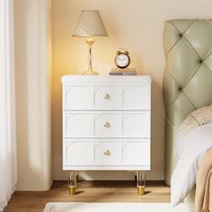 Our refined bedside table has three roomy drawers - a substantial storage solution for all your needs. Its chic white & gold pairing enhances any room's ambiance, promising long-lasting use with its robust engineered wood structure. Multi-purpose in design, it suits as a lamp stand or living room decoration. Straightforward assembly and upkeep, along with excellent customer service, make it an ideal pick for home decor needs. Mercer41 Quantity: Individual | Mercer41 3-Drawer Modern Nightstands w Gold And White Nightstand, White Bedside Table With Gold Hardware, White Gold Nightstand, Night Stand White And Gold, White And Gold Nightstand, White Nightstands, Lavender Bedroom, Modern Nightstands, Lamp Stand