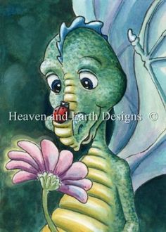 a painting of a green dragon holding a flower with its mouth open and tongue out