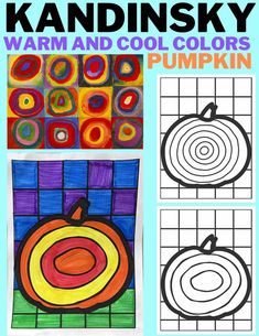 an art project with pumpkins, circles and squares in the background text reads kandinskiy warm and cool colors pumpkin