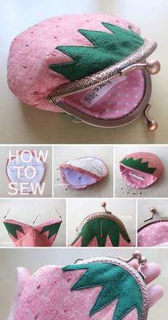 the instructions for how to sew a pink purse with green leaves and polka dots