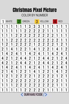 the christmas pixel picture color by number is shown in red, green, yellow and blue