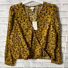 New With Tags A New Day Front Wrap Top Yellow Black Floral Large L Stock# Matt Yellow Floral Print Top For Work, White Boho Tops, Floral Ruffle Top, Fall Blouse, High Low Blouse, Orange Blouse, Embellished Blouse, Bell Sleeve Blouse, Women Long Sleeve Tops