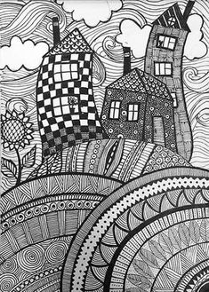 a black and white drawing of houses in the sky