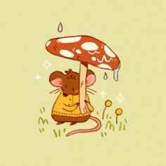 a cartoon mouse sitting under a mushroom with its head on the ground and holding onto it's tail