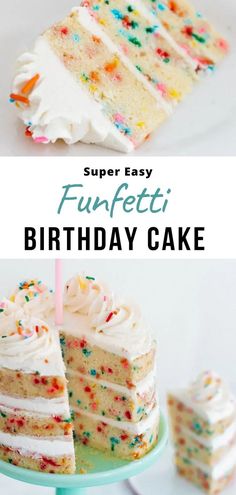 a birthday cake with white frosting and sprinkles on it is cut into pieces