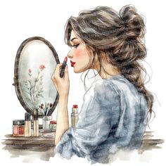 a watercolor painting of a woman looking at her reflection in the mirror while she brushes her teeth