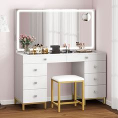 #ad Great Shopping Vanity Desk Set with LED Light Mirror Makeup Vanity Table w/ Power Outlet White, Furniture