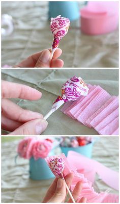 the process to make candy lollipops is shown in three different pictures, including one