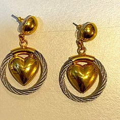 Unique In Style, Gold Heart Shape Earrings Surround By Silver Hoop, Pierce Style. Brand New, Never Worn. Metal Heart Earrings For Anniversary, Metal Heart-shaped Earrings For Anniversary, Anniversary Heart Earrings In Metal, Anniversary Heart-shaped Metal Earrings, Metal Heart-shaped Earrings For Valentine's Day, Metal Heart Earrings For Valentine's Day, Heart Shape Earrings, Michael Kors Watch Silver, Blue Diamond Ring