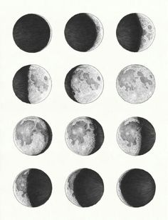 the phases of the moon are shown in black and white, as well as an image of