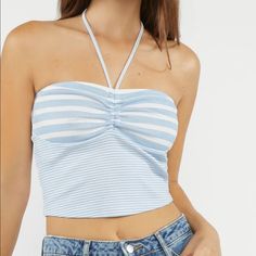 New With Tags/ Unopened: Forever 21 Light Blue And White Striped Halter Crop Top A Knit Halter Top Featuring A Self-Tie Neck Closure, Mixed Striped Pattern, Ruched Detail At The Bust, And A Cropped Hem. **Bundle And Save** Size M Material: 100% Cotton Trendy Fitted Halter Top For Day Out, Trendy Blue Cotton Halter Top, Trendy Halter Top For Spring, Spring Striped Halter Top, Striped Halter Top For Spring And Summer, Striped Fitted Halter Top For Summer, Fitted Striped Halter Top For Summer, Blue Casual Cotton Halter Top, Blue Cotton Casual Halter Top