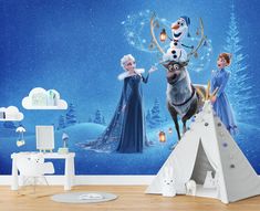 the frozen princess and her friends are standing in front of a teepee tent with lights on