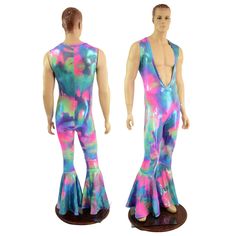 You've heard about the brompers, you've seen the bro shorts, Bro - are you ready for that Deep Bro V? Cotton Candy Holographic fabric with an open chest in the front! Sleeveless, with swishy bell bottom legs! Four way stretch for a figure forming fit. This catsuit is loud, proud, and glows like crazy under black light! A must-have outfit for the guy in your life who dares to live without fear. Can you dig it?!? This item is made to order. Ships out within 5 days of  Please see mens size chart fo Sleeveless Multicolor Fitted Bodysuit, Multicolor Retro Sleeveless Jumpsuits And Rompers, Multicolor Stretch Sleeveless Bodysuit, Multicolor Sleeveless Stretch Bodysuit, Retro Fitted Sleeveless Bodysuit, Live Without Fear, Holographic Fabric, Queer Fashion, Jumpsuit Men