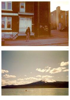 two different shots of the same person standing in front of a building and on the other