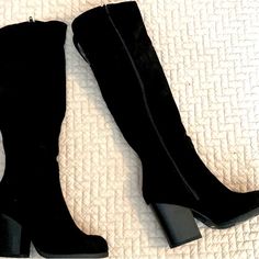 New No Box Black Knee High Suede Boots, Tall Black Heeled Boots With Block Heel, Black Heels With Wide Calf And Stacked Heel, Black Wide Calf Boots With Block Heel, Black Tall Boots With Block Heel, Black Heels With Stacked Heel And Wide Calf, Trendy Black Almond Toe Boots, Black Boots With Stacked Heel And Almond Toe, Black Suede Wide Calf Heeled Boots