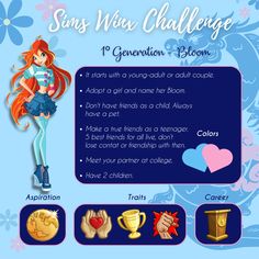 Generational challenge idea for The Sims 4. Winx Challenge. Each generation is a different Winx. Hope you like it. Modify it however you want to make your game more fun. Winx Next Generation, Joy Of Life Challenge Sims 4, Sims Generation Challenge, Sims4 Legacy Challenge, Sims Build Challenge, The Sims 4 Gameplay Ideas, Winx Sims 4 Cc, Sims 4 Cc High School, Sims 4 Generation Challenge