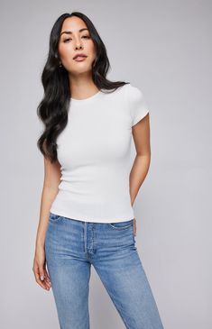 The Madison is a fitted crewneck tee made of a stretchy ribbed fabric that hugs the body. It’s an essential layering piece that can be easily dressed up or down. Shady Lady, Pullover Cardigan, The Madison, Long Midi Dress, Romper Dress, Sleeveless Sweater, Ribbed Fabric, Denim Top, Tops For Leggings