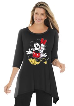 The generous cut of this flowing swing tunic is fashionably loose and gracefully oversized, with a statement-making hem and flattering boatneck. It pairs so well over leggings or jeans, and features your favorite Disney characters. Designed to comfortably glide over curves, this tunic is made in soft cotton knit that wears and washes beautifully. 100% Cotton38" at longest length; approx. hits just above the kneeMachine washable, imported | Plus Size Women's Disney Women's Hanky Hem Black Tunic M Mickey Mouse And Minnie Mouse, Thermal Sweater, Hanky Hem, Sweater Collection, Black Tunic, Career Dress, Disney Ladies, Mickey Minnie, Rain Wear