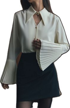 Fall V-neck Blouse With Pleated Sleeves, Chic Long Sleeve Formal Blouse, Elegant Long Sleeve Top For Fall, Elegant Long Sleeve Blouse With Pleated Sleeves, Chic Blouse With Cuffed Sleeves For Office, Pleated Blouse For Office, Chic Blouson Bell Sleeve Tops, Chic Tops With Blouson Bell Sleeves, Formal Tops With Pleated Bishop Sleeves