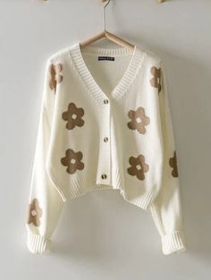 Daisy Flower Print Retro Sweater Cardigan With Dolman Long - Etsy Fall Floral Print V-neck Cardigan, Vintage Brown V-neck Cardigan, Vintage White V-neck Cardigan, Vintage V-neck Cardigan With Button Closure, Vintage V-neck Cardigan With Buttons, Vintage Cream V-neck Cardigan, Look Retro, Retro Sweater, Trendy Outfits For Teens