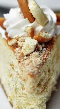 a piece of cake with whipped cream and cinnamon on top is sitting on a plate