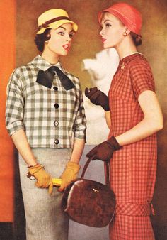 Doris Dodson collection 1958 vintage fashion style color photo print ad models 50s 60s mad men plaid crop top jacket skirt hat gloves purse red shift dress drop waist Vintage Fashion 1950s 1960s, Fabulous 50s, 50's Fashion, Sack Dress, Vestidos Retro, Vintage Fashion 1950s, Bags Online Shopping, Bags For Sale, Look Retro