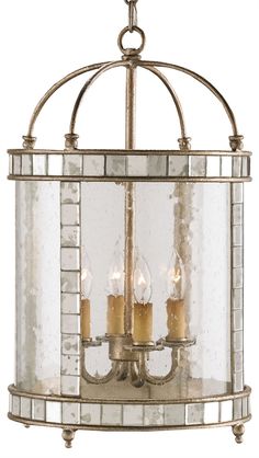 Currey and Company - Four Light Lantern - Corsica - Harlow Silver Leaf/Antique Mirror- Union Lighting Luminaires Decor Silver Lanterns, Antiqued Mirror, Bath Lighting, Large Lanterns, Small Lanterns, Lantern Chandelier, Seeded Glass, Lantern Pendant, Antique Mirror