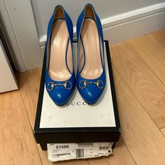 Excellent Condition Gucci 95mm Gisele Blue Leather Heels. Size 38.5 Includes Box No Dustbag Blue Open Toe Gucci Sandals, Gucci Sunglasses Women Blue, Luxury Blue Gucci Heels, Luxury Blue Gucci Sunglasses, Gucci Shoes, Blue Leather, Leather Heels, Shoes Women Heels, Shoes Heels