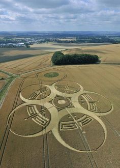 an aerial view of a field with circles in the middle