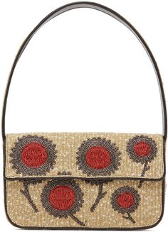 Hand-beaded shoulder bag in beige. · Graphic pattern and buffed faux-leather trim throughout · Fixed carry handle · Beaded logo at back face · Patch pocket at back face · Magnetic press-stud flap · Zip pocket at interior · Satin lining · H6 x W10 x D2 Supplier color: Sunflower Tommy Beaded Bag, Face Patches, Leather Ideas, Beaded Bag, Beaded Bags, Press Studs, Graphic Patterns, Contemporary Fashion, Leather Trim