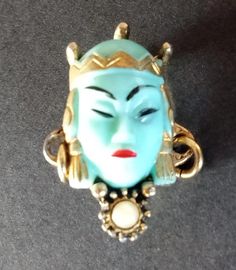 Vintage Aqua Cabochon Selro Style Asian Face Brooch Pin 1950's 1960's Jewelry - Etsy Vintage Collectible Enamel Pin, Retro Collectible Jewelry Brooch, Retro Collectible Brooch Jewelry, Vintage Handmade Collectible Pins, Asian Face, Jewelry Measurements, Face Brooch, Desert Hot Springs, 1960s Jewelry