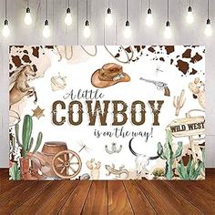 an image of a cowboy sign on the wall with lights in the room behind it