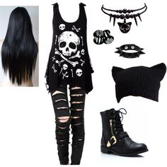 emo outfits for girls and boyfriend polyvore - Google Search Punk Girl Outfits, Emo Mode, Goth Clothing, Punk Girl, Black Clothing, Rock Punk