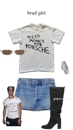 a white shirt and blue jean skirt with black boots, sunglasses and t - shirt that says need money for poshie