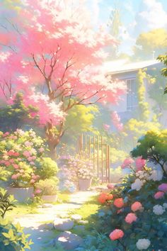 a painting of flowers and trees in front of a house with the sun shining on them