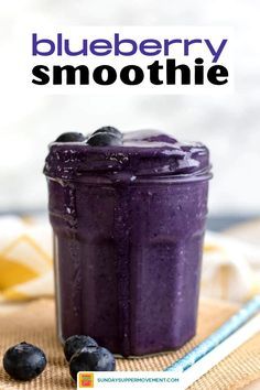 blueberry smoothie in a mason jar with text overlay that reads healthy blueberry smoothie