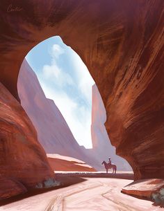 a man riding a horse through a canyon