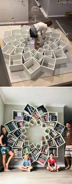 two pictures side by side, one with bookshelves and the other with children