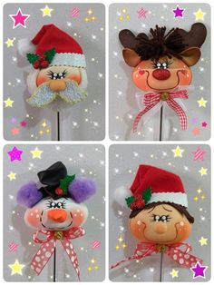 four pictures of clowns with hats and bows on their heads, one wearing a santa claus hat