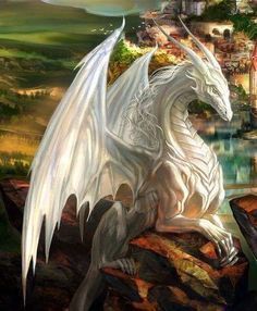 a white dragon sitting on top of a rock next to a body of water with buildings in the background