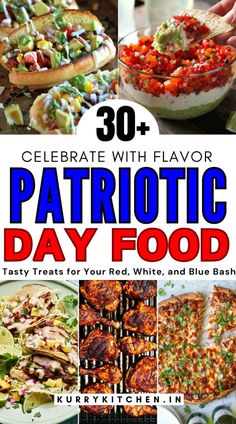 patriotic day food collage with the words celebrate with flavor on it and images of different foods