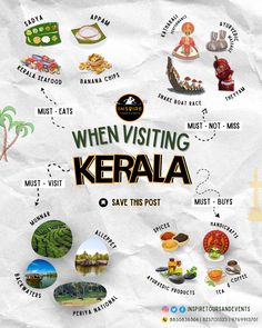 a poster with the words when visiting kerala and other things are depicted on it