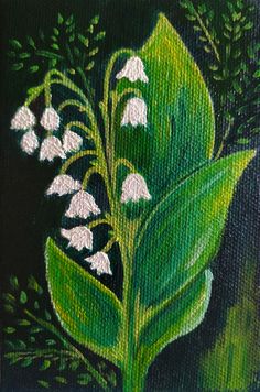 a painting of white flowers and green leaves on a black background, painted with acrylic paint